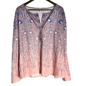 | Flycurvy | Pink Blue Lightweight Paisley Long Sleeve Tunic Blouse Top - 3XL